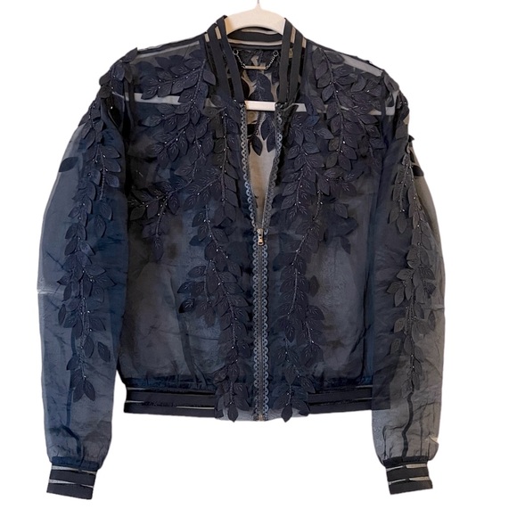 Elie Tahari Jackets & Blazers - ELIE TAHARI “Brandy” Floral Illusion sheer leaf & bead silk bomber jacket FLAW